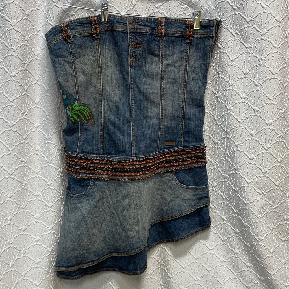 Akademiks size XL Denim Strapless Dress with Button bead Detail stretch graffiti